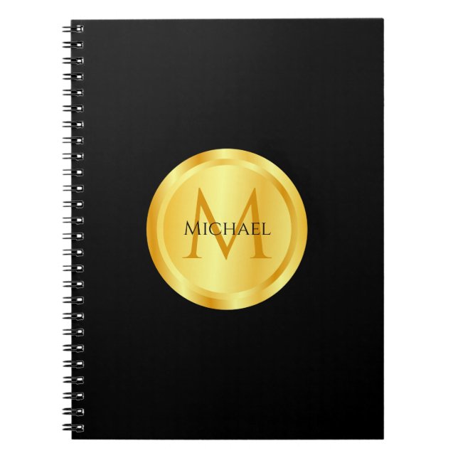 Caderno Espiral Monograma de Modelo Dourado preto Elegante (Frente)