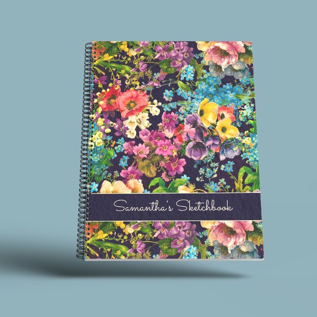 Caderno Espiral Monograma de monograma do padrão negro floral púrp (Criador carregado)