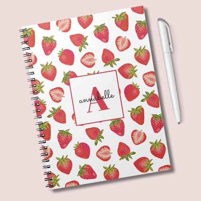 Caderno Espiral Monograma de Morango de Verão Personalizado (Strawberry notebook with monogram and first name.)