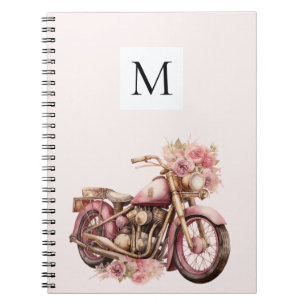 Caderno Espiral Monograma de motocicleta floral rosa
