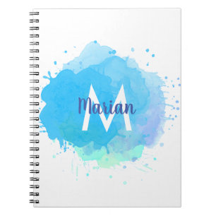 Caderno Espiral Monograma de Nome Abstrato em Aquarela Azul