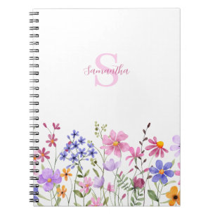 Caderno Espiral Monograma de Nome Aquarela Flor Silvestre Rosa