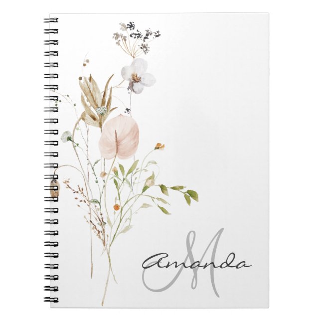 Caderno Espiral Monograma de Nome de Flor Silvestre em Aquarela (Frente)