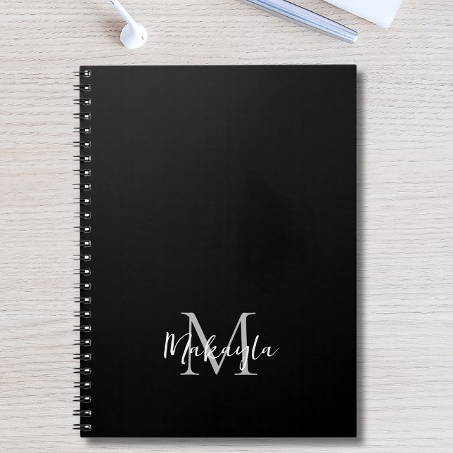 Caderno Espiral Monograma de Nome Personalizado Preto (Criador carregado)