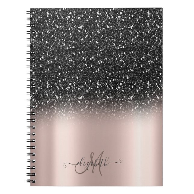 Caderno Espiral Monograma de Ombre Negro Elegante, Rosa Dourado (Frente)