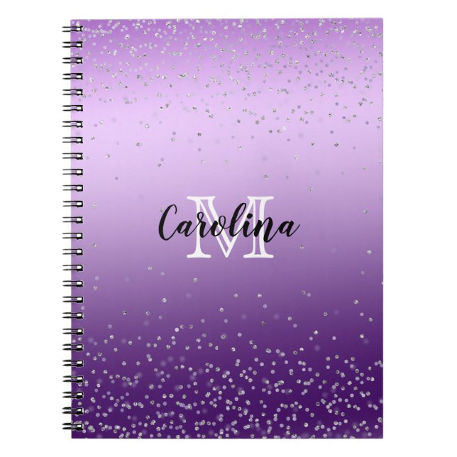 Caderno Espiral Monograma de Ombro Púrpura de Prata Confetti (Frente)