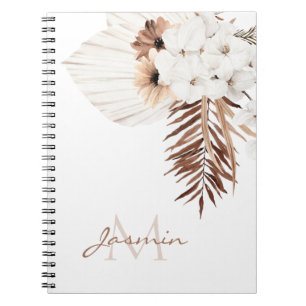 Caderno Espiral Monograma de Orquídeas Brancas Rústicas Castanhosa