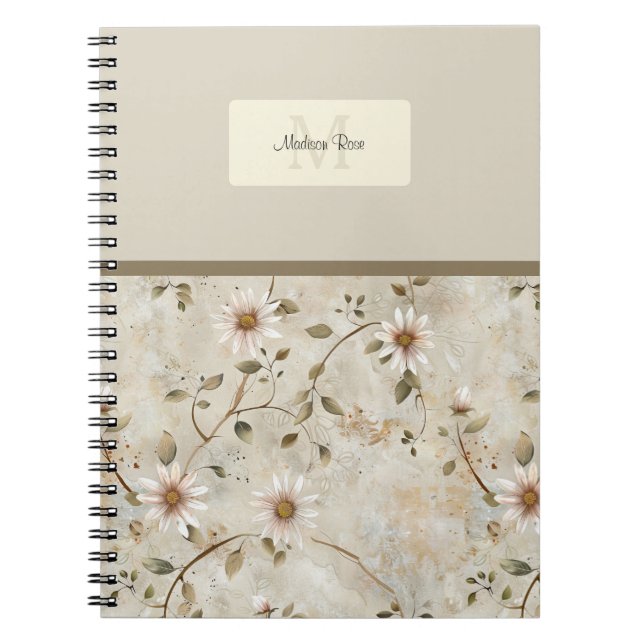 Caderno Espiral Monograma de Padrão de Margarida Floral Elegante (Frente)