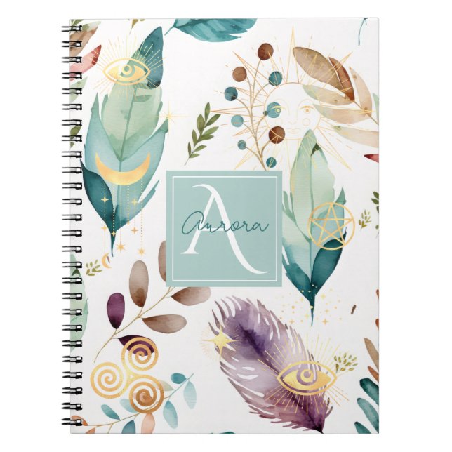 Caderno Espiral Monograma de Padrão Floral de Feathery (Frente)