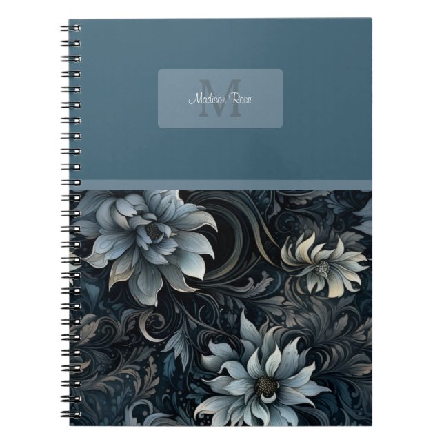 Caderno Espiral Monograma de Padrão Floral Gótico Escuro Elegante (Frente)