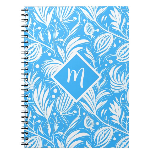 Caderno Espiral Monograma de Padrão Floral Tropical Azul (Frente)