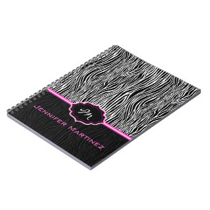 Caderno Espiral Monograma de padrão zebra de impressão em animais