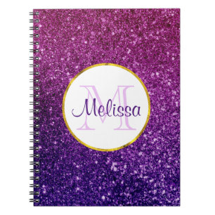 Caderno Espiral Monograma de pedras brilhantes cor-de-rosa e púrp