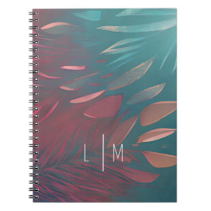 Caderno Espiral Monograma de penas rosa e azul abstratas