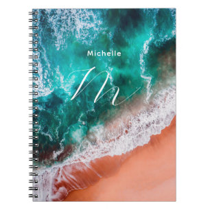 Caderno Espiral Monograma de praia do oceano Azul Moderno