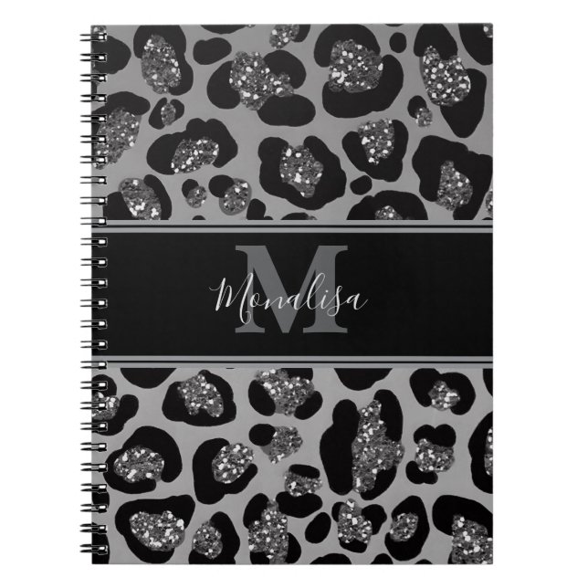 Caderno Espiral monograma de prata e gliteria preta, personalizado (Frente)