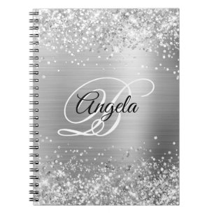 Caderno Espiral Monograma de Rico Metálico de Silver Glittery
