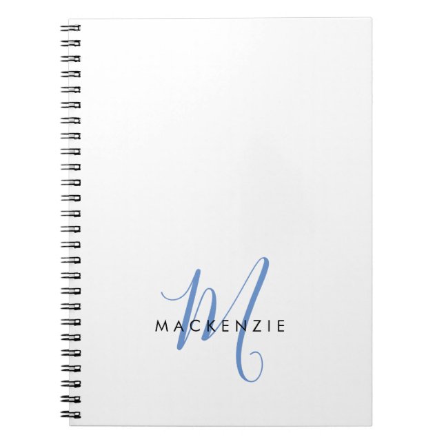 Caderno Espiral Monograma de Script Azul Branco Moderno Elegante (Frente)