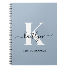 Caderno Espiral Monograma de Script Azul Elegante Dusty