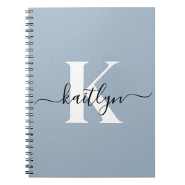 Caderno Espiral Monograma de Script Azul Elegante Dusty
