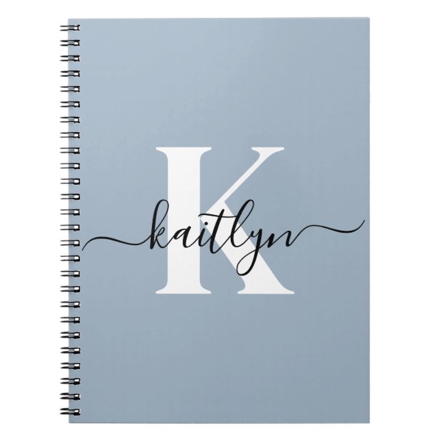 Caderno Espiral Monograma de Script Azul Elegante Dusty (Frente)