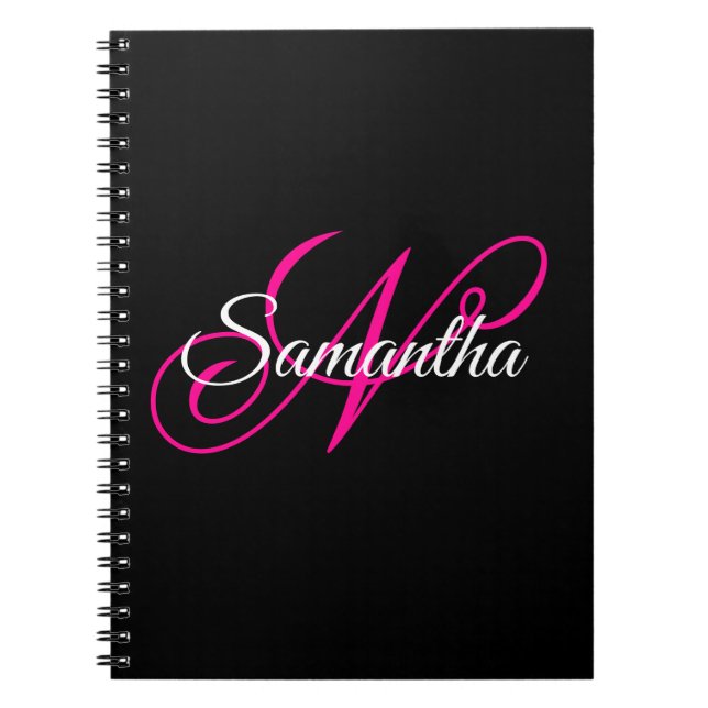 Caderno Espiral Monograma de Script de Rico Branco Preto e Rosa Qu (Frente)
