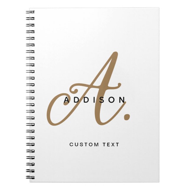 Caderno Espiral Monograma de Script Dourado Branco Elegante Preto (Frente)