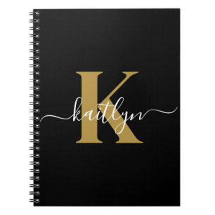 Caderno Espiral Monograma de Script Dourado Preto Elegante