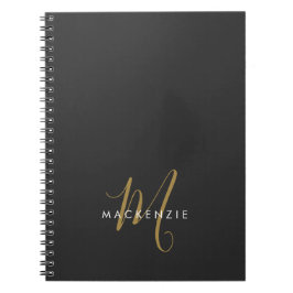 Caderno Espiral Monograma de Script Dourado Preto Moderno Elegante