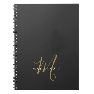 Caderno Espiral Monograma de Script Dourado Preto Moderno Elegante