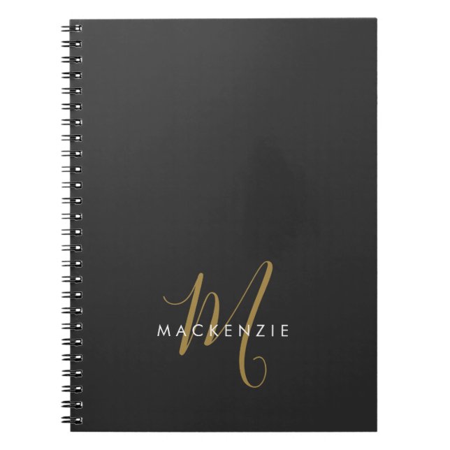 Caderno Espiral Monograma de Script Dourado Preto Moderno Elegante (Frente)