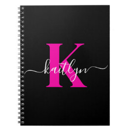 Caderno Espiral Monograma de Script Rosa Quente Preto Elegante