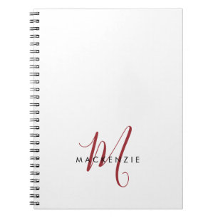 Caderno Espiral Monograma de Script Vermelho Branco Moderno Elegan