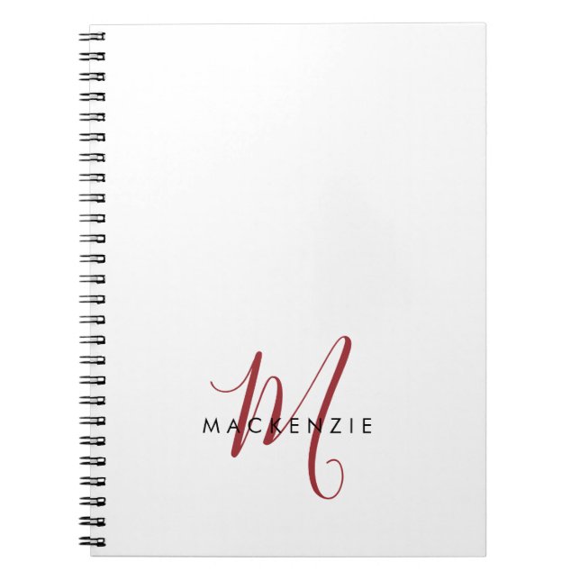 Caderno Espiral Monograma de Script Vermelho Branco Moderno Elegan (Frente)