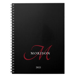 Caderno Espiral Monograma de Script Vermelho Preto Moderno Elegant