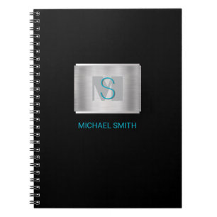 Caderno Espiral Monograma de Teal e Cinza, Nome, Prata Esmagada, P