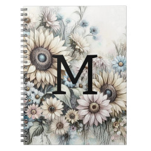 Caderno Espiral Monograma desenho floral girassol amarelo rosa
