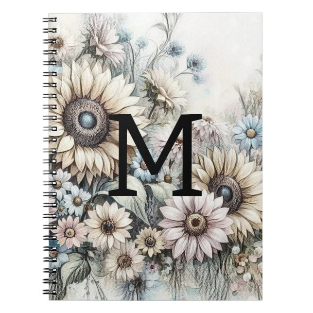 Caderno Espiral Monograma desenho floral girassol amarelo rosa (Frente)