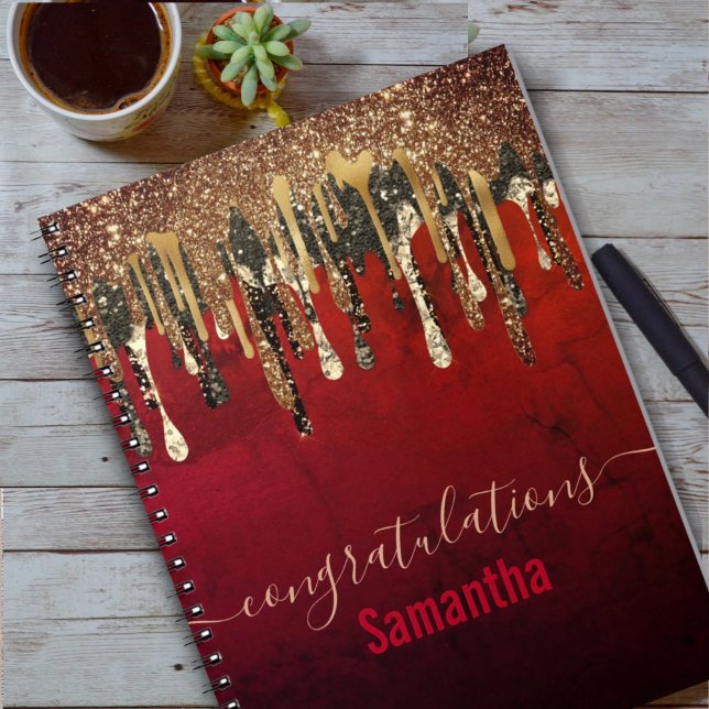 Caderno Espiral Monograma do brilho vermelho preto e dourado (Criador carregado)