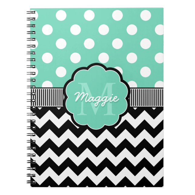 Caderno Espiral Monograma do Chevron Preto do Mint Bolinhas (Frente)