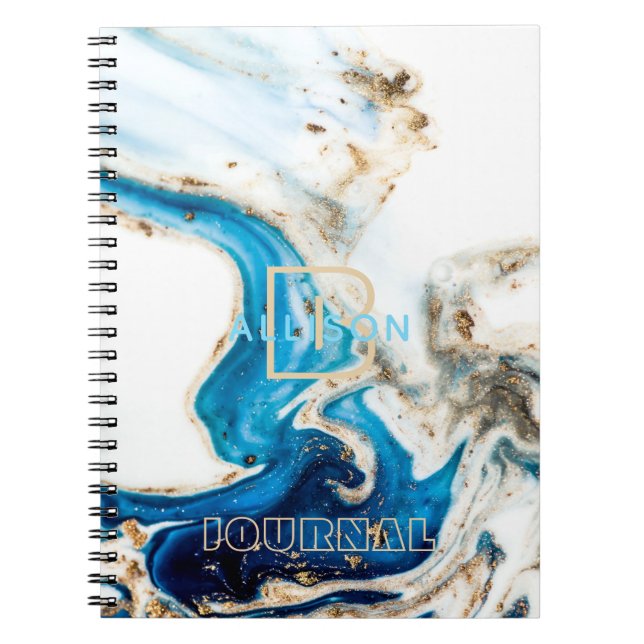 Caderno Espiral Monograma do mármore Dourado branco abstrato azul (Frente)