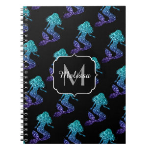 Caderno Espiral Monograma do Mermaid aqua blue ombre Sparkles