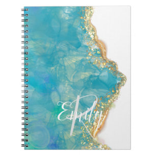 Caderno Espiral Monograma do Nome do Abstrato de Marble do Teal & 