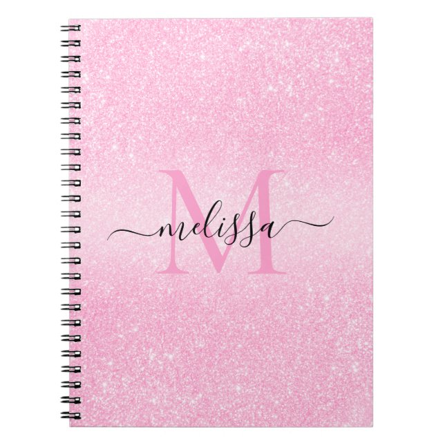 Caderno Espiral Monograma do Nome do Script Glitter Rosa (Frente)