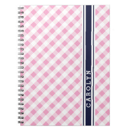 Caderno Espiral monograma do padrão gingham do marinho rosa-pré-di