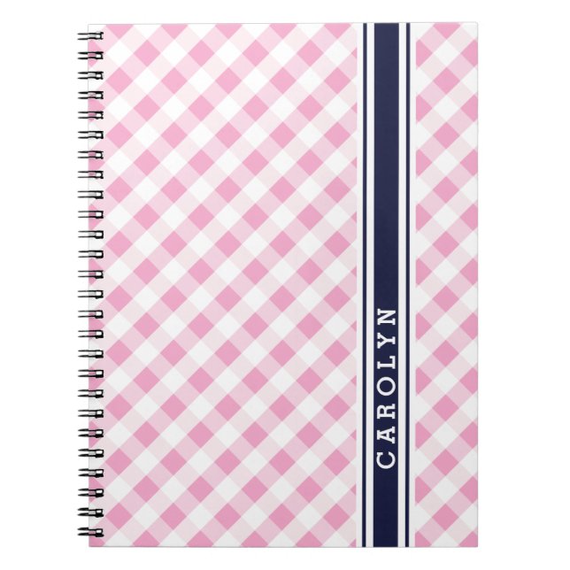 Caderno Espiral monograma do padrão gingham do marinho rosa-pré-di (Frente)