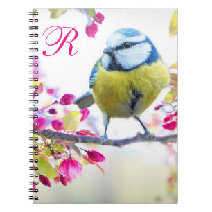Caderno Espiral Monograma do pássaro & da flor