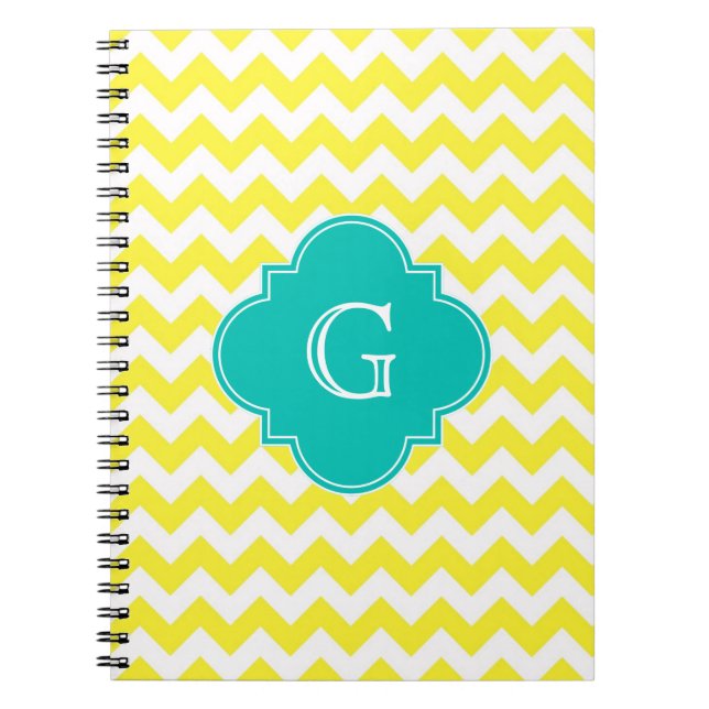 Caderno Espiral Monograma do Quatrefoil Teal Branco Amarelo (Frente)