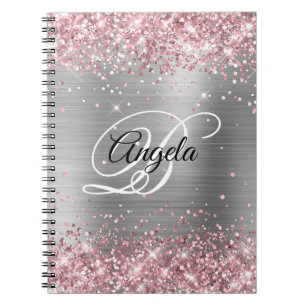 Caderno Espiral Monograma do Rico de prata metálico com rosa claro