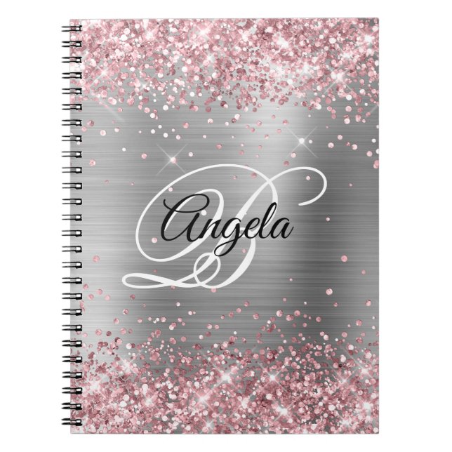 Caderno Espiral Monograma do Rico de prata metálico com rosa claro (Frente)